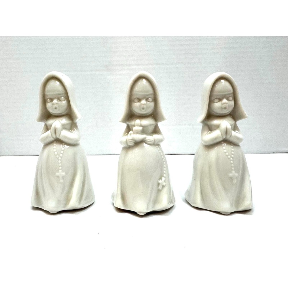 Vintage Napco Japan Ceramic Nun Figurines Set of 3 White Religious Flying Nuns